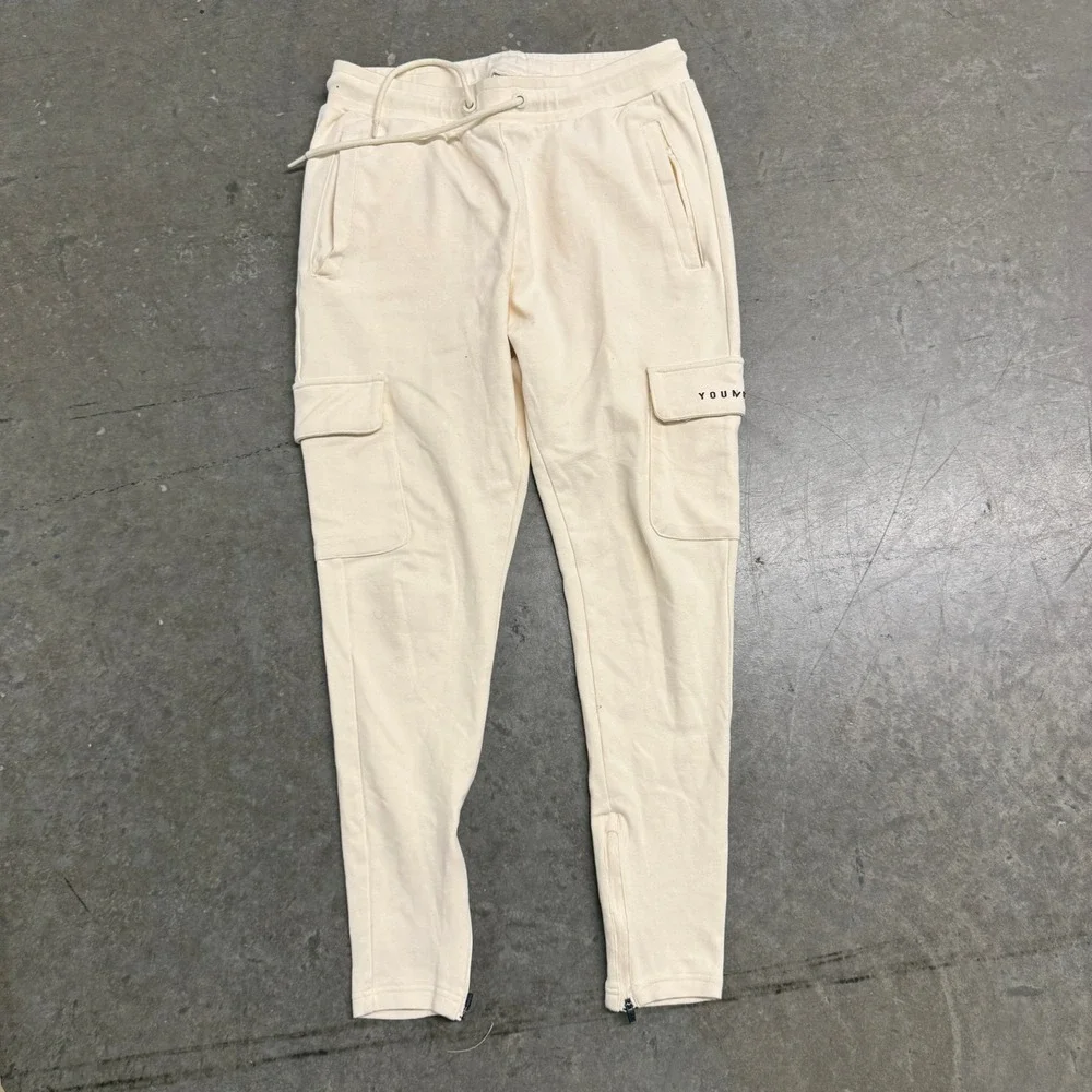 YoungLA Mens Cargo Joggers Cream Off White Slim Fit Tapered Sweatpants Medium